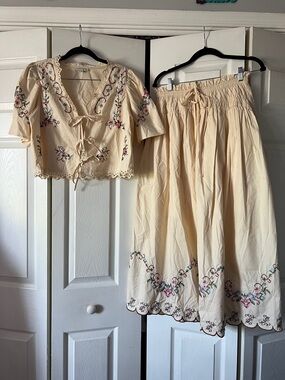 Moon River Cream Embroidered Midi Skirt & Top Set - Floral Detail